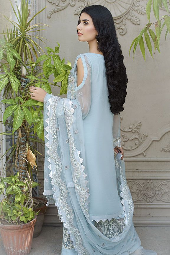 Beautiful Pakistani crinkle chiffon dress in aqua-blue color # P2291