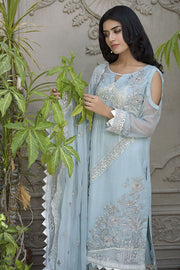 Beautiful Pakistani crinkle chiffon dress in aqua-blue color # P2291