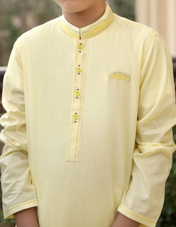 Pakistani designer boys kurta in lemon yellow color # K2306