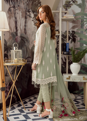 Latest Pakistani designer chiffon outfit embroidered in mint green color # P2418