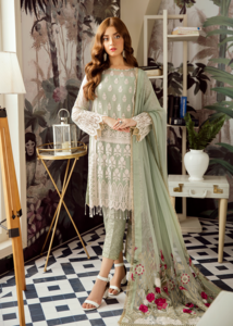 Latest Pakistani designer chiffon outfit embroidered in mint green color