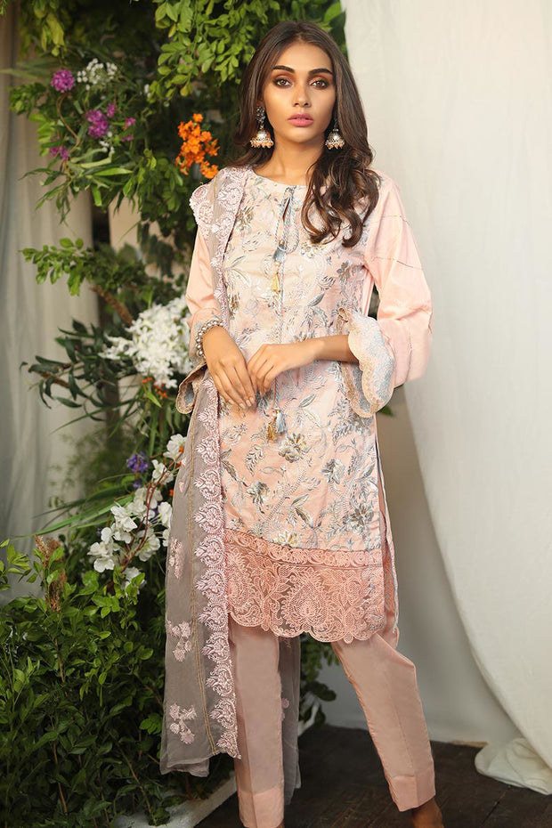Pakistani designer lawn dress in pink color thread embroidered