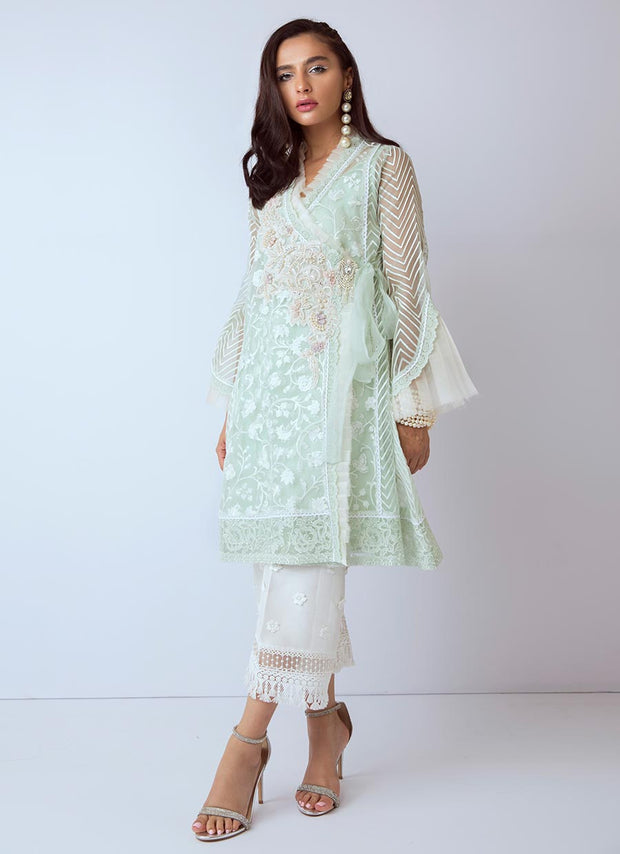 Latest Pakistani designer organza dress in aqua color # P2268