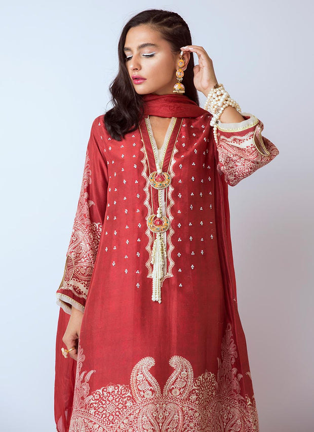 Beautiful Pakistani designer silk dress in red color # P2278