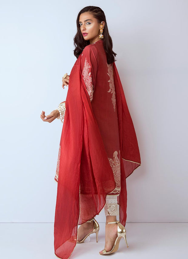 Beautiful Pakistani designer silk dress in red color # P2278