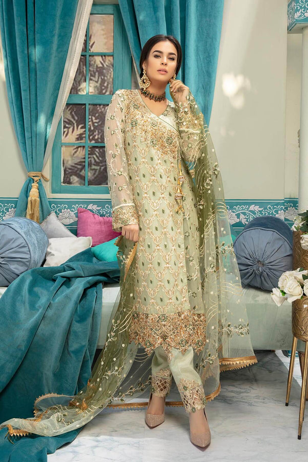 Chiffon embroidered Pakistani eid dress for girls in olive green color