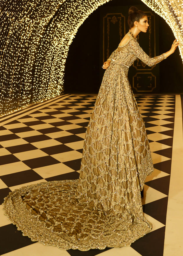 Latest Pakistani embroidered bridal maxi in copper silver color # B3371