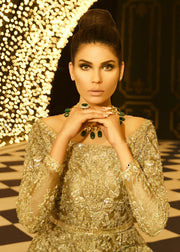 Latest Pakistani embroidered bridal maxi in copper silver color