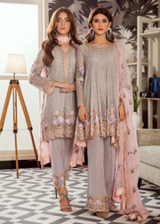 Latest Pakistani embroidered chiffon dress in grey and pink color # P2422
