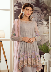 Latest Pakistani embroidered chiffon dress in grey and pink color # P2422