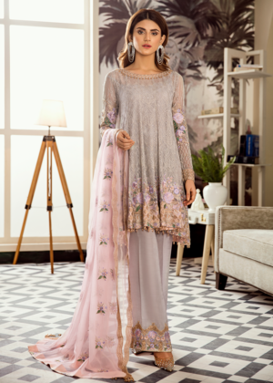 Latest Pakistani embroidered chiffon dress in grey and pink color
