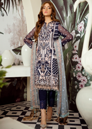 Latest Pakistani embroidered chiffon outfit in dark blue color 