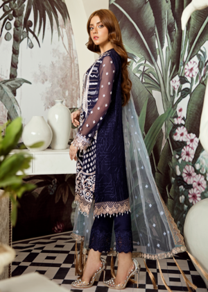 Latest Pakistani embroidered chiffon outfit in dark blue color # P2423
