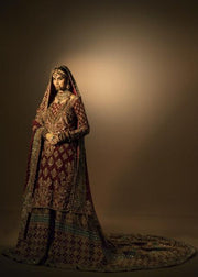 Latest Pakistani embroidered lehnga in gold and maroon color # B3376
