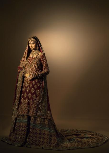 Latest Pakistani embroidered lehnga in gold and maroon color # B3376