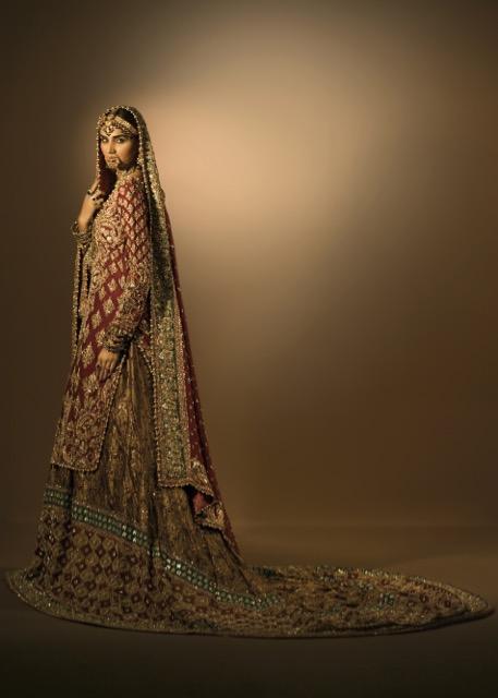 Latest Pakistani embroidered lehnga in gold and maroon color # B3376