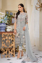 Beautiful Pakistani embroidered net outfit in silver grey color