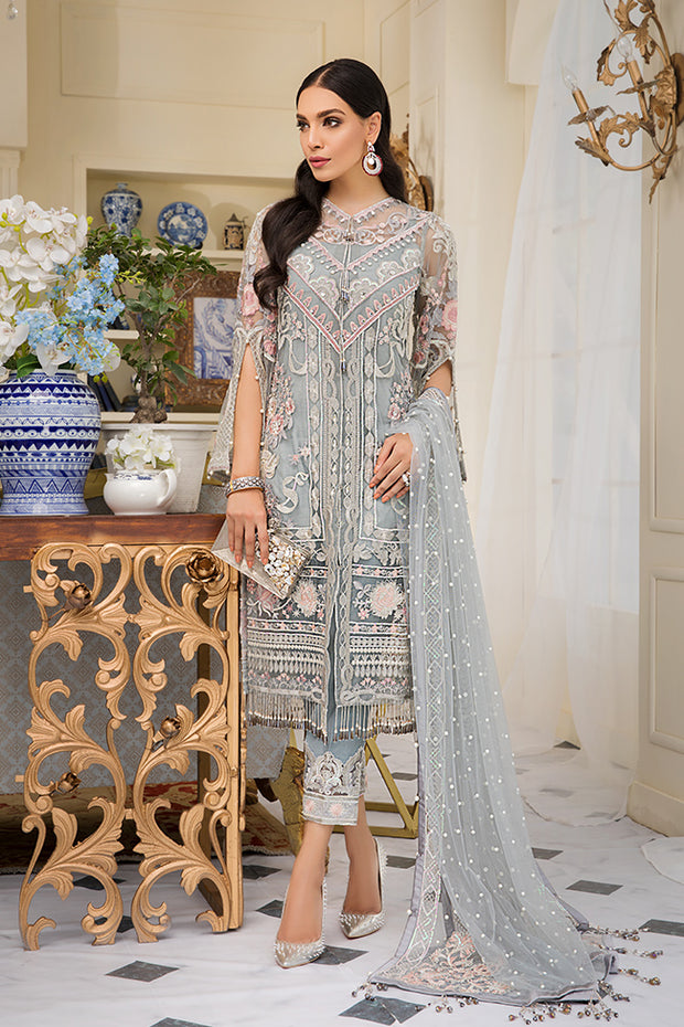Beautiful Pakistani embroidered net outfit in silver grey color