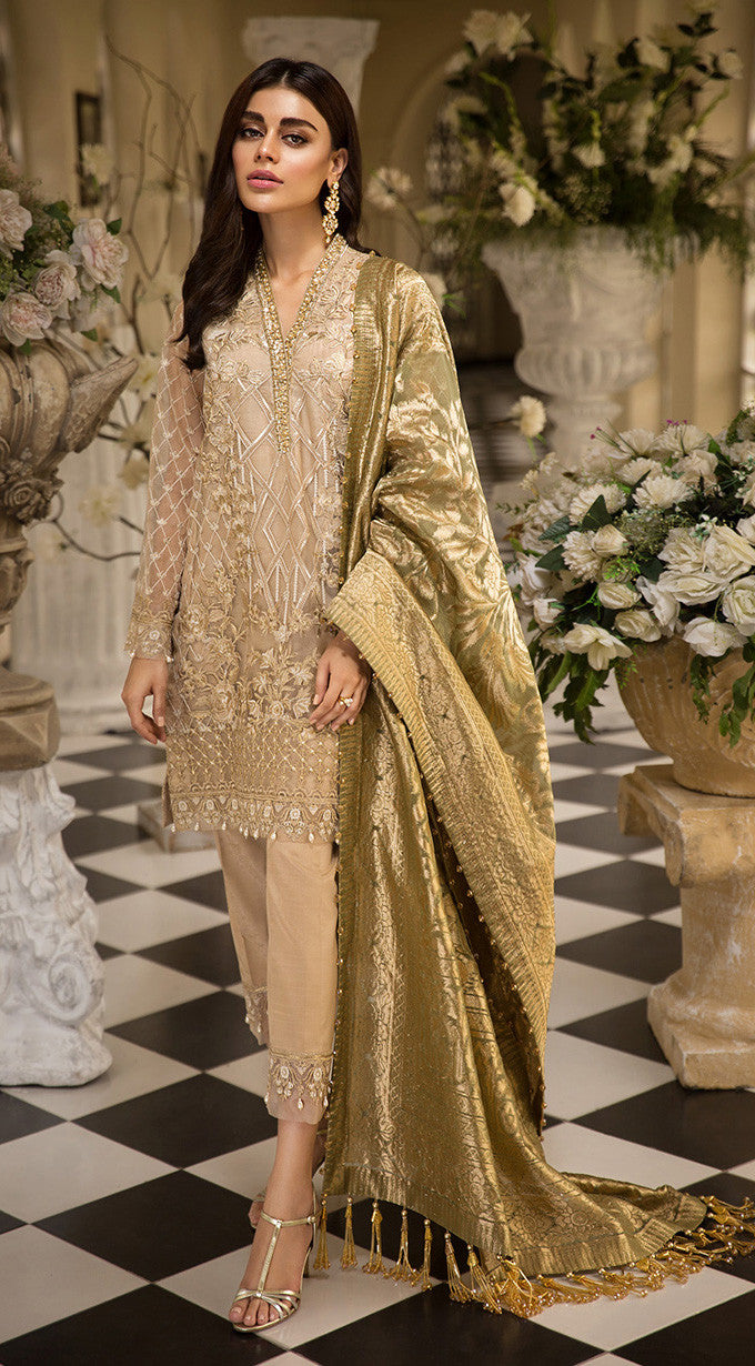 Pakistani embroidered organza dresses in skin gold color Nameera by Farooq Pakistani embroidered organza dresses in skin gold color Nameera by Farooq