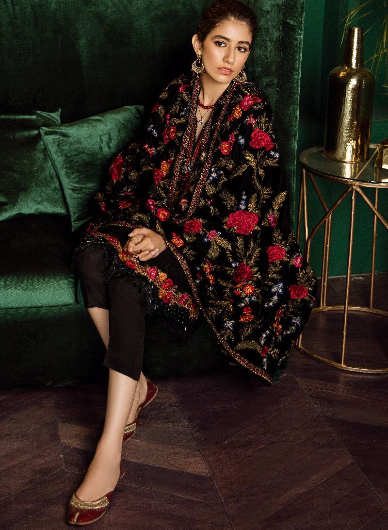 Beautiful Pakistani embroidered party dress in elegant black color # P2468
