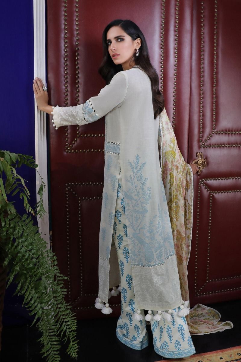 Pakistani embroidered slub dress for casual wear in silver grey color # P2399
