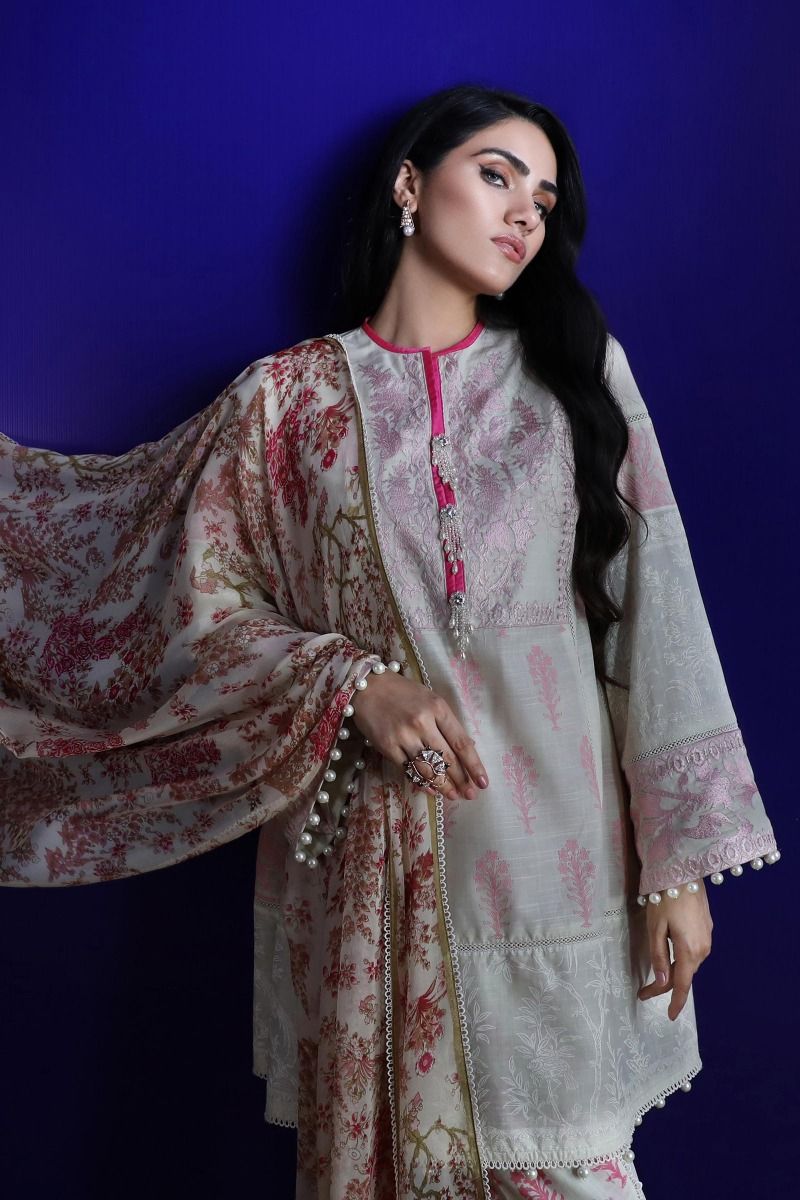 Pakistani embroidered slub outfit for casual wear in silver grey color # P2400
