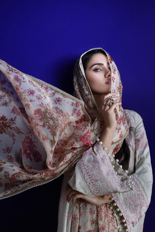 Pakistani embroidered slub outfit for casual wear in silver grey color # P2400