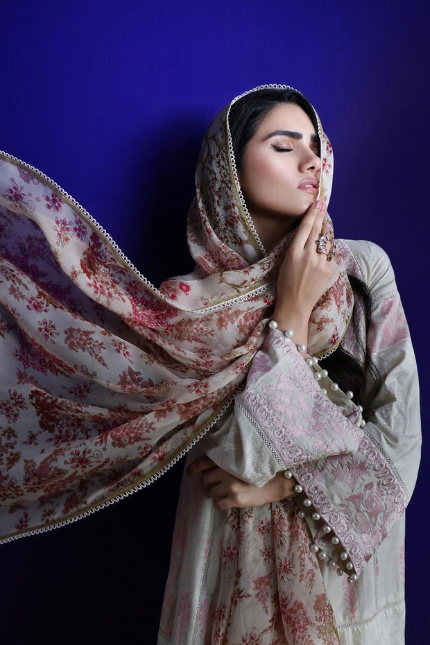 Pakistani embroidered slub outfit for casual wear in silver grey color # P2400