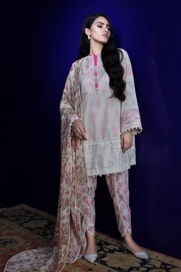 Pakistani embroidered slub outfit for casual wear in silver grey color