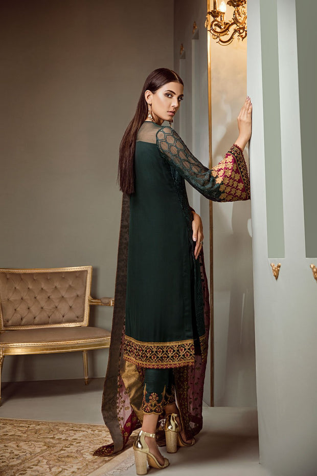 Pakistani fancy dress in green and maroon color # P2224
