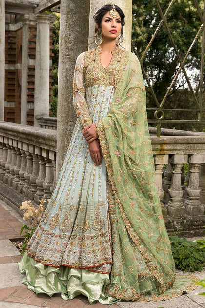 Pakistani fancy outfit in aqua color fully embroidered – Nameera by Farooq