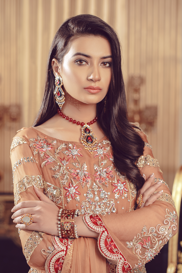 Chiffon embroidered Pakistani formal eid dress in rust color # P2492