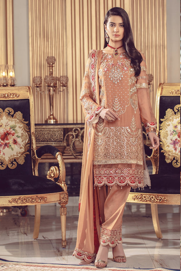 Chiffon embroidered Pakistani formal eid dress in rust color # P2492