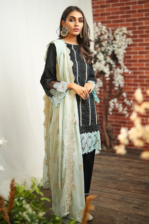 Pakistani lawn dress embroidered in elegant black color 