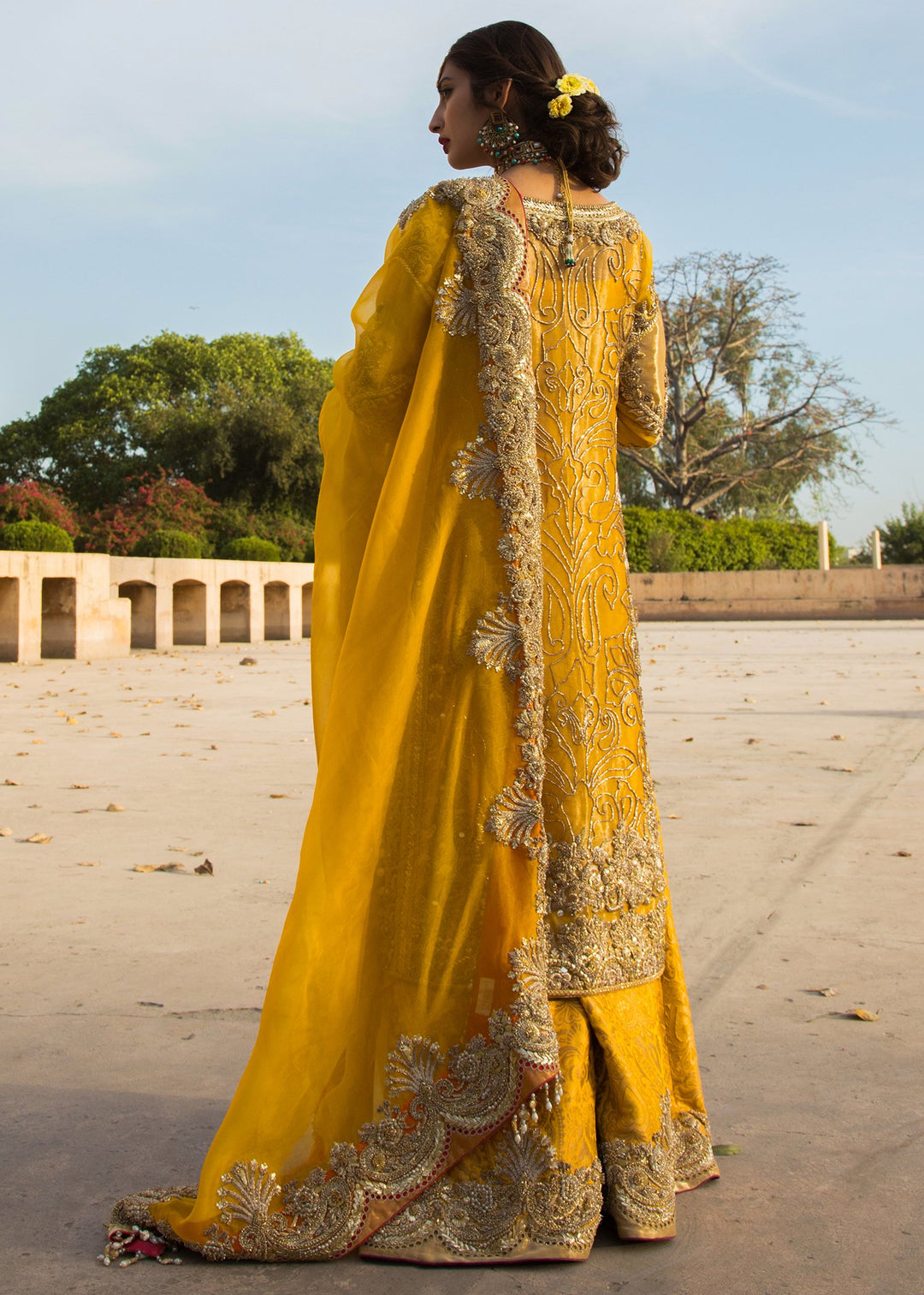Latest Pakistani mehndi outfit for wedding wear in yellow color # B3390