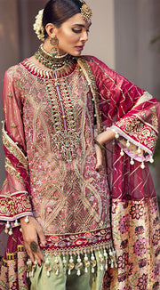 Beautiful embroidered Pakistani net dress in pink and red color # P2348