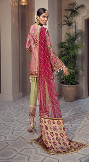 Beautiful embroidered Pakistani net dress in pink and red color # P2348