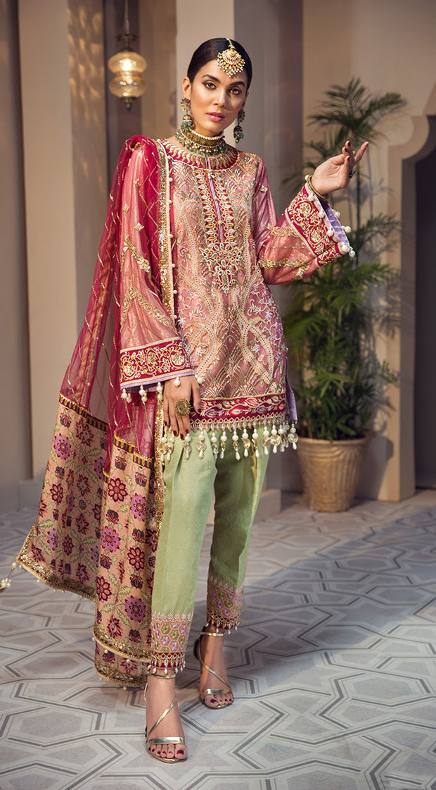 Beautiful embroidered Pakistani net dress in pink and red color # P2348