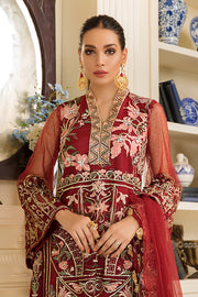 Alluring Pakistani net embroidered outfit in lavish red color # P2329