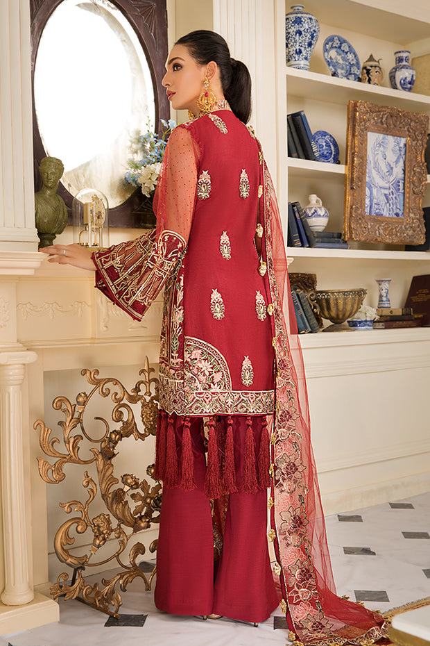 Alluring Pakistani net embroidered outfit in lavish red color # P2329