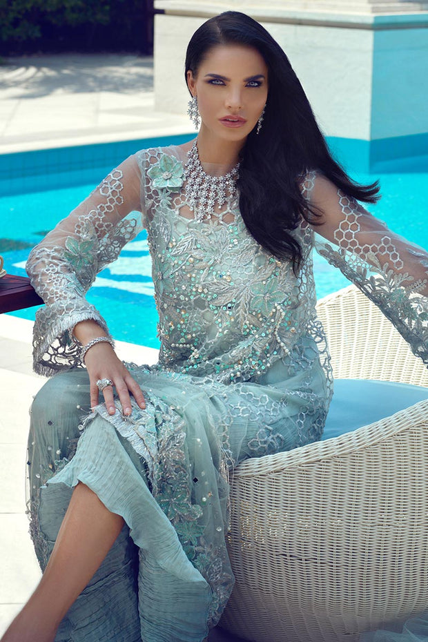 Latest designer Pakistani party outfit for party wear in mint color # P2430