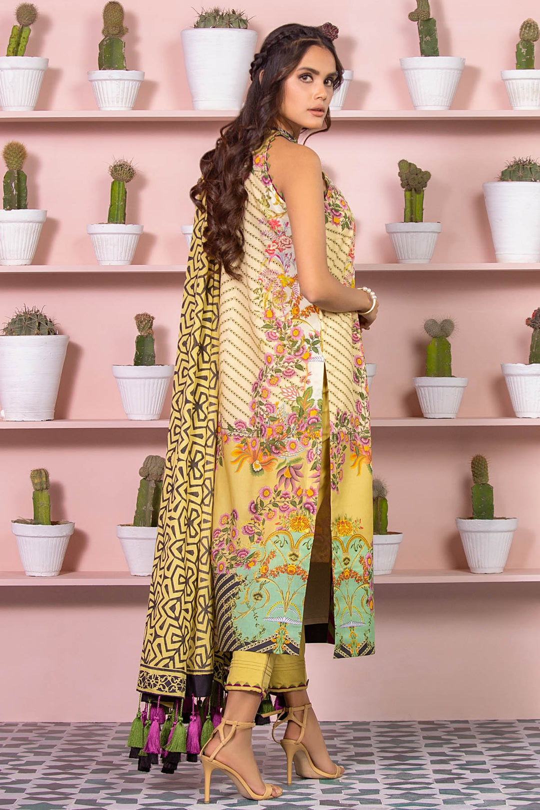 Latest Summer Pakistani printed lawn dress in olive green color # P2499
