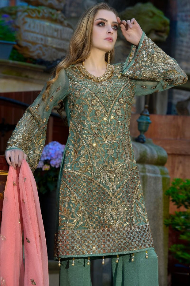Beautiful Pakistani sequins embroidered dress in green color # P2307