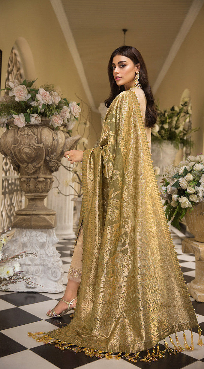 Pakistani embroidered organza dresses in skin gold color – Nameera by Farooq