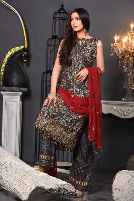 Pakistani Fancy Dress Of Dark Grey Colour 2