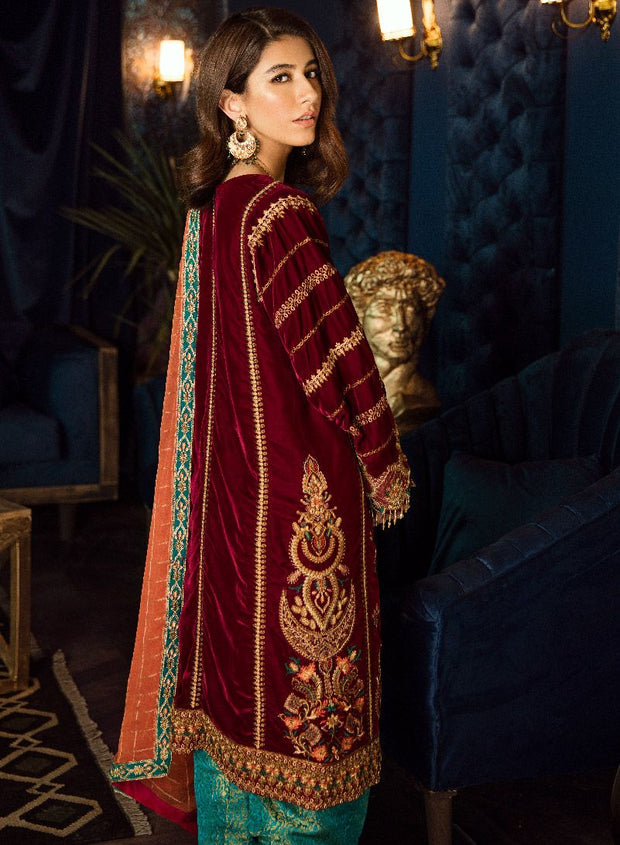 Beautiful Pakistani velvet embroidered party dress in maroon color # P2462