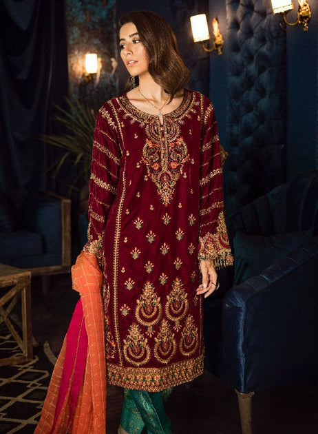 Pakistani velvet embroidered party dress with motifs – Nameera by Farooq