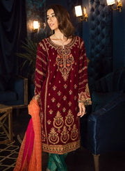 Beautiful Pakistani velvet embroidered party dress in maroon color