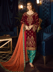 Beautiful Pakistani velvet embroidered party dress in maroon color # P2462