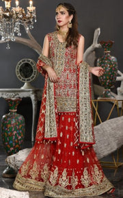 Pakistani Formal Dress of Deep Red Colour